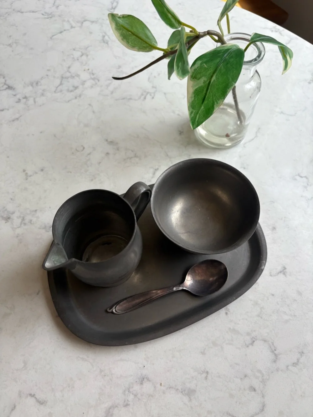 Vintage Pewter Creamer and Sugar Set with Tray and spoon